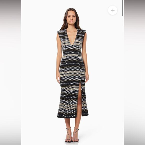 elliatt margie black & white tweed chevron deep v slit midi dress size small NEW - Picture 2 of 16